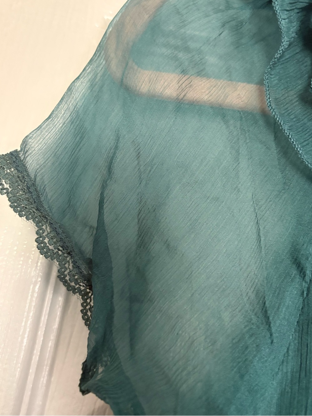 Willi Smith Teal Silk Ruffle Neck Cap-Sleeve Blouse - Picture 4 of 8
